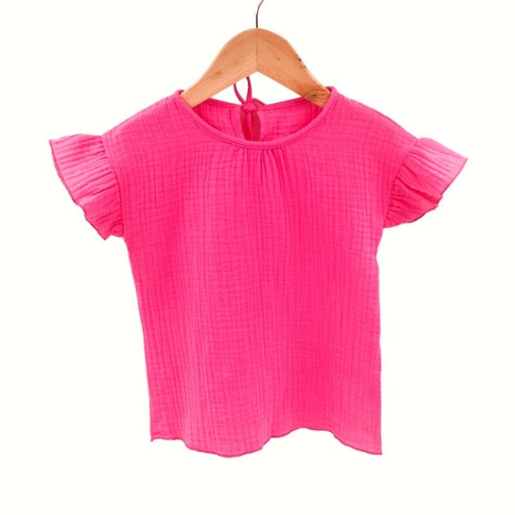 Imagine Tricou cu volanase la maneci pentru copii, din muselina, Pink Pop