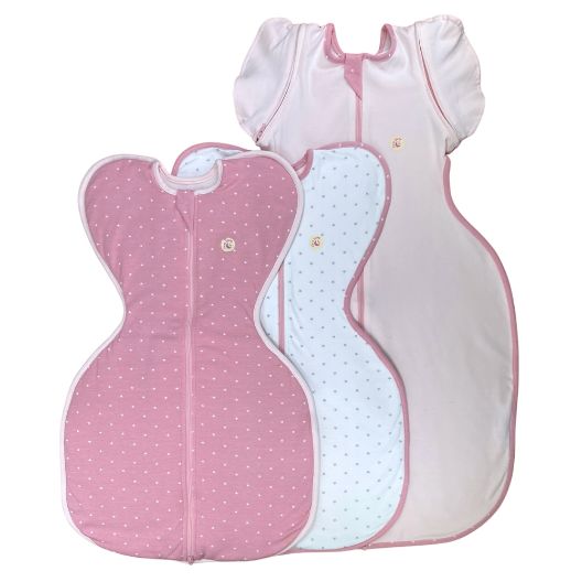 Imagine Set 3 saci de dormit  Swaddle First Sleep Sweet Star & Sweet Light Faza 1, 60 cm, 1 tog & Blush Pink Faza 2, 74 cm, 0.5 tog